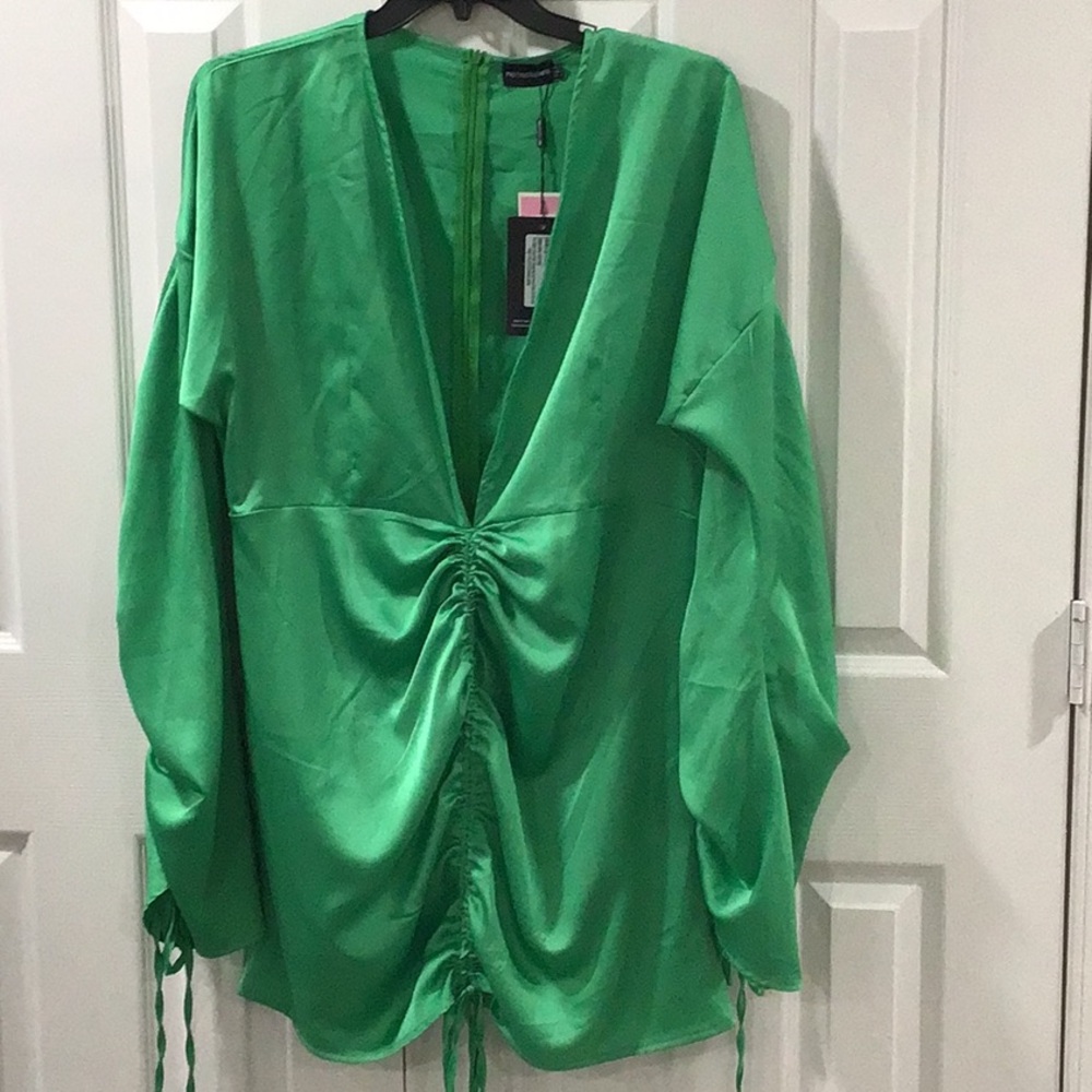 PrettyLittleThing Green Ruched Tie Front Dress